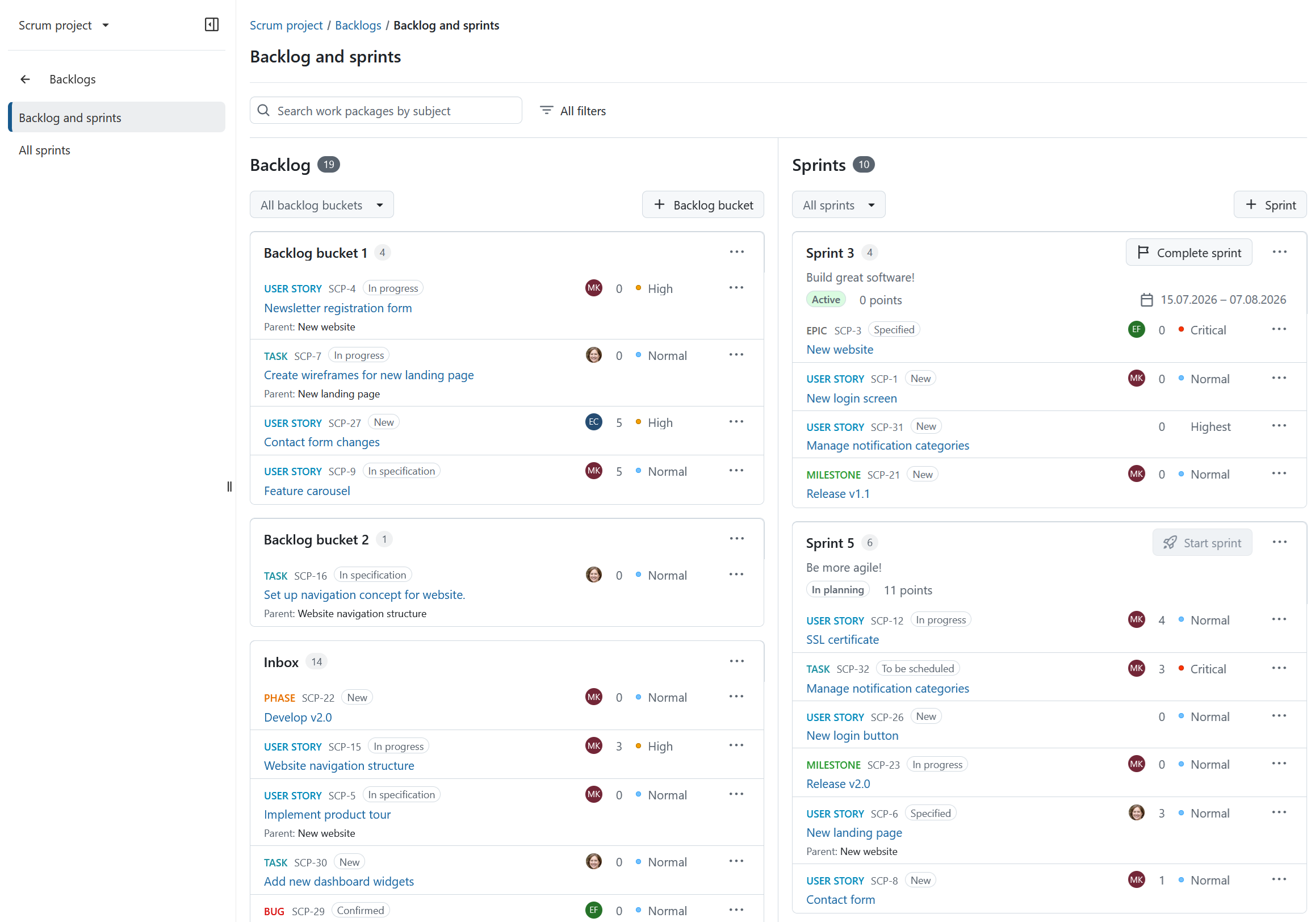 OpenProject backlogs view