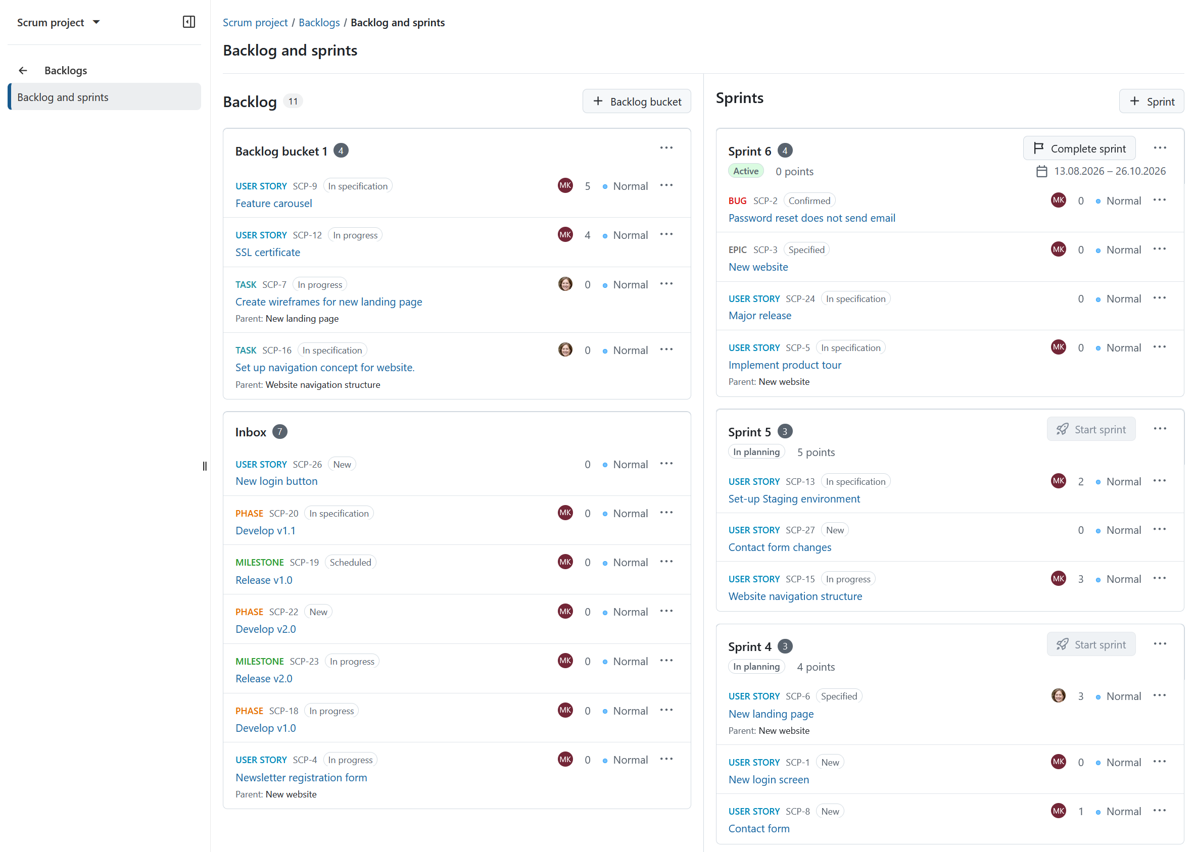 OpenProject backlogs view