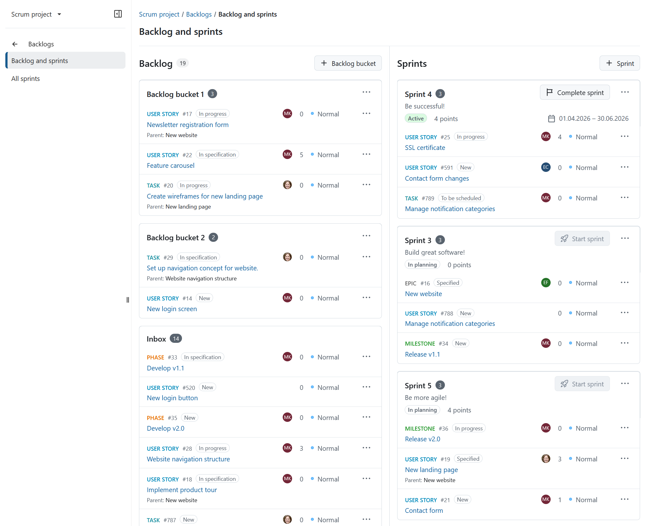 OpenProject backlogs view