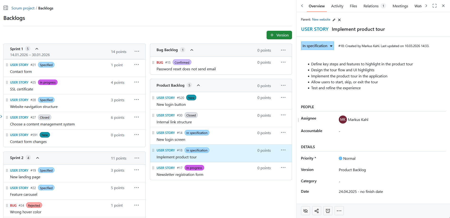 OpenProject backlogs view