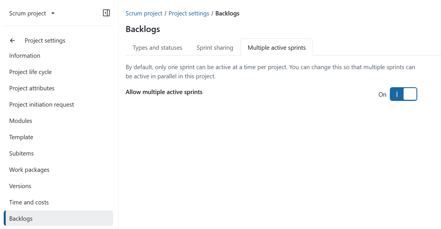 OpenProject project backlog settings