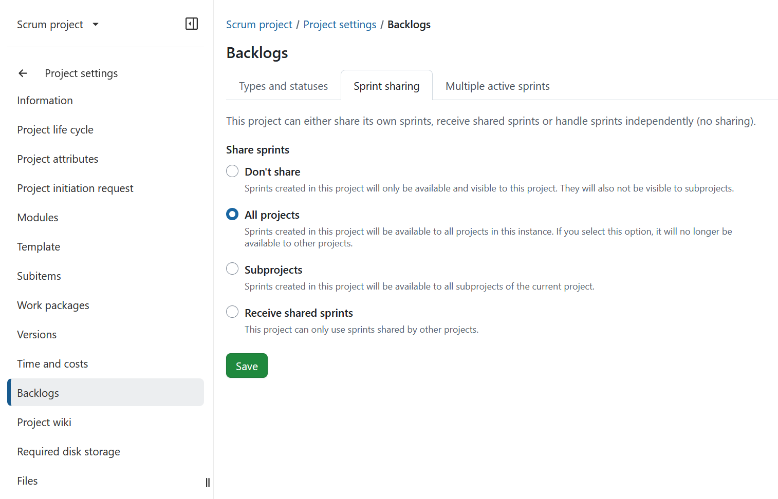 OpenProject sprint sharing settings