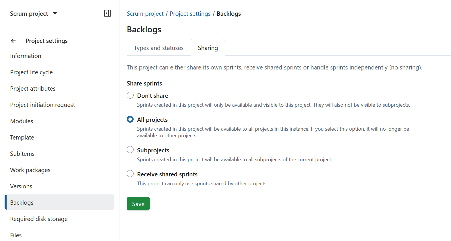 OpenProject sprint sharing settings