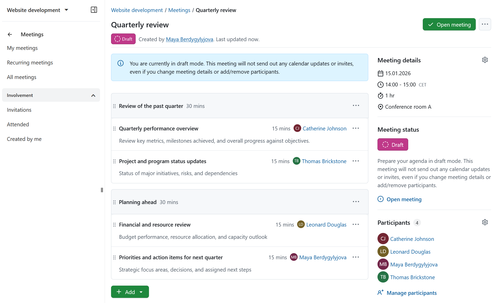 Draft mode in a meeting in OpenProject