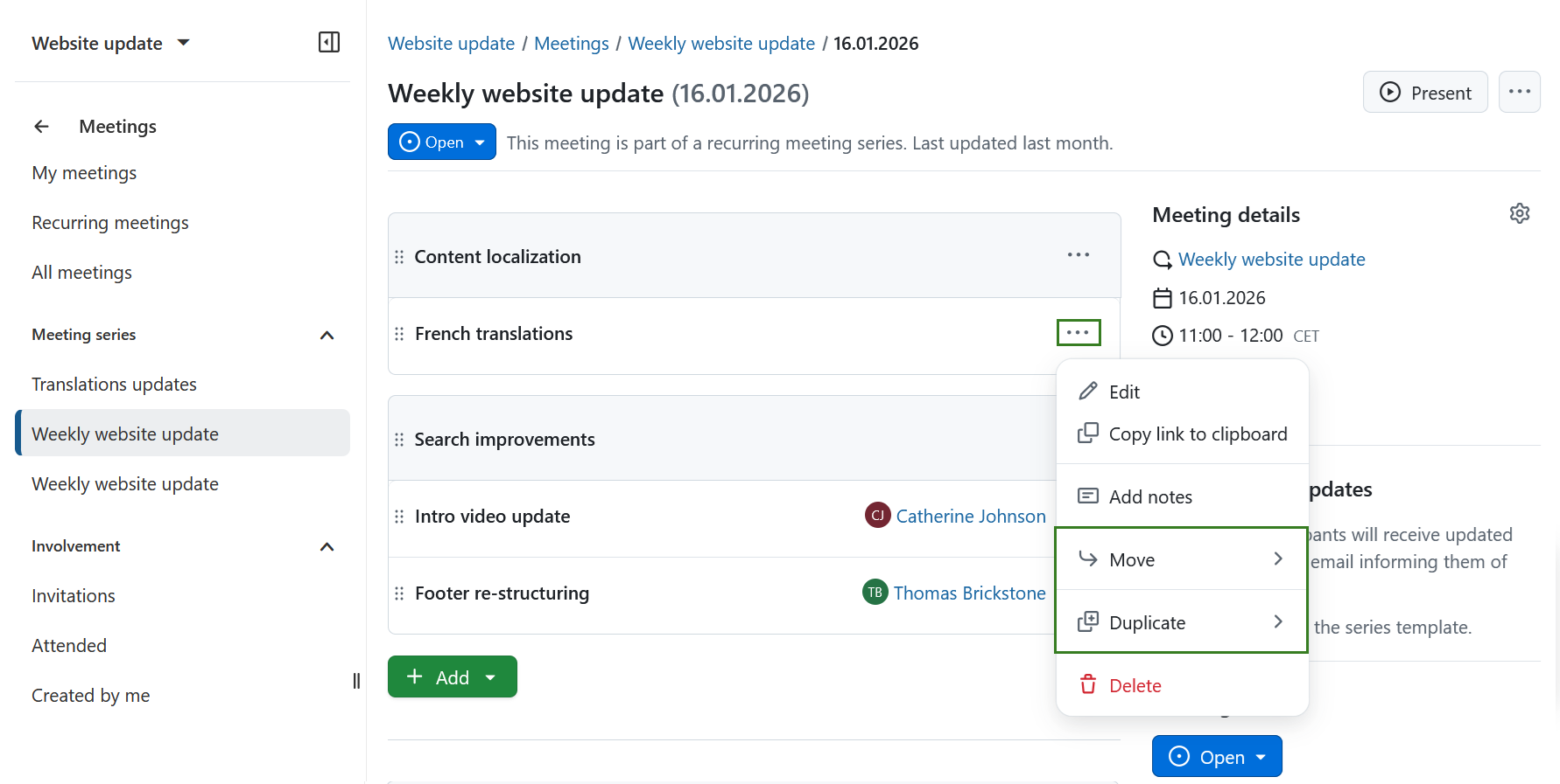 A dropdown menu option to move an agenda item to the next meeting in recurring meeting series in OpenProject
