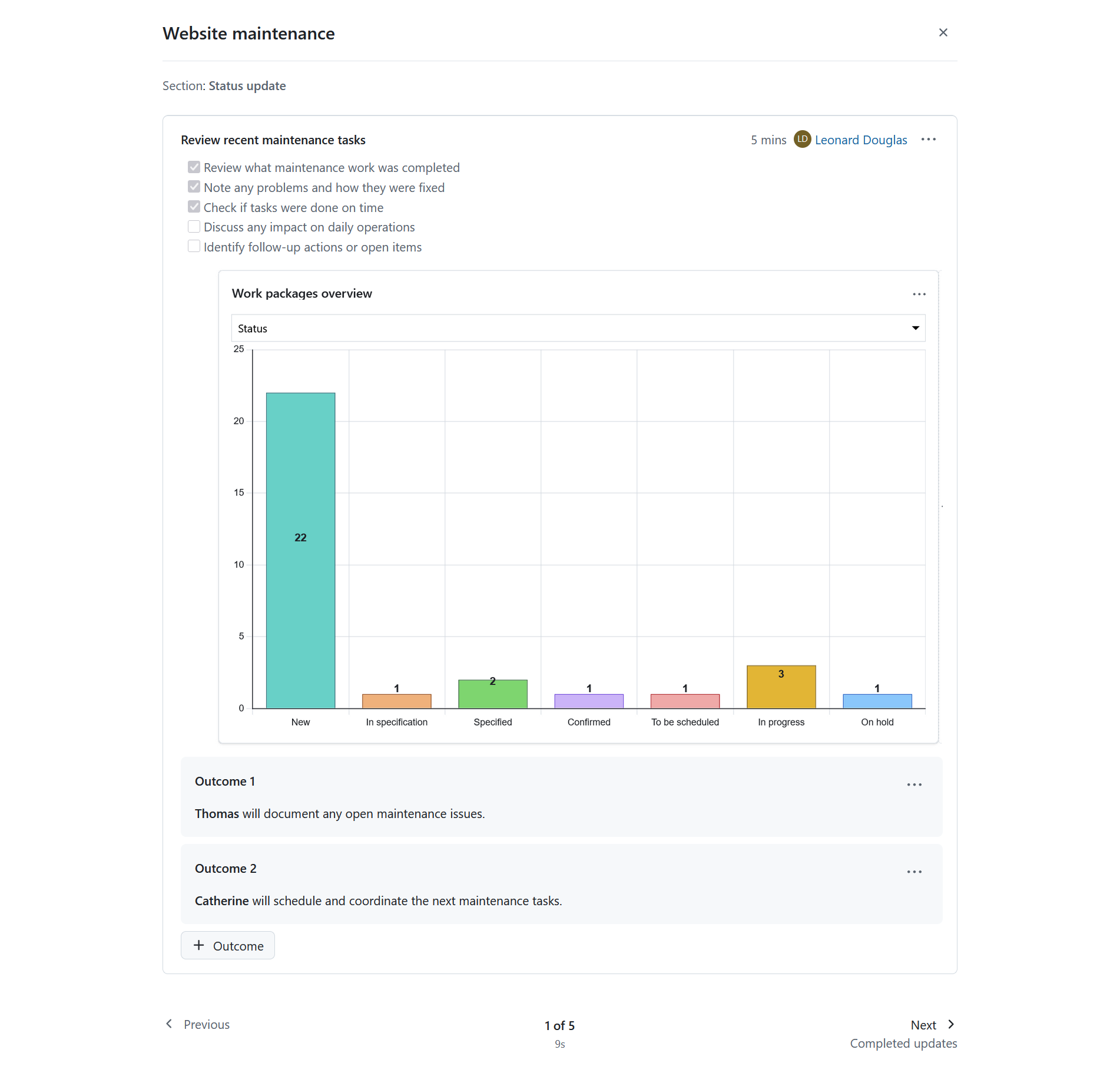 OpenProject meeting in a presentation mode, showing one of the agenda items and related outcomes