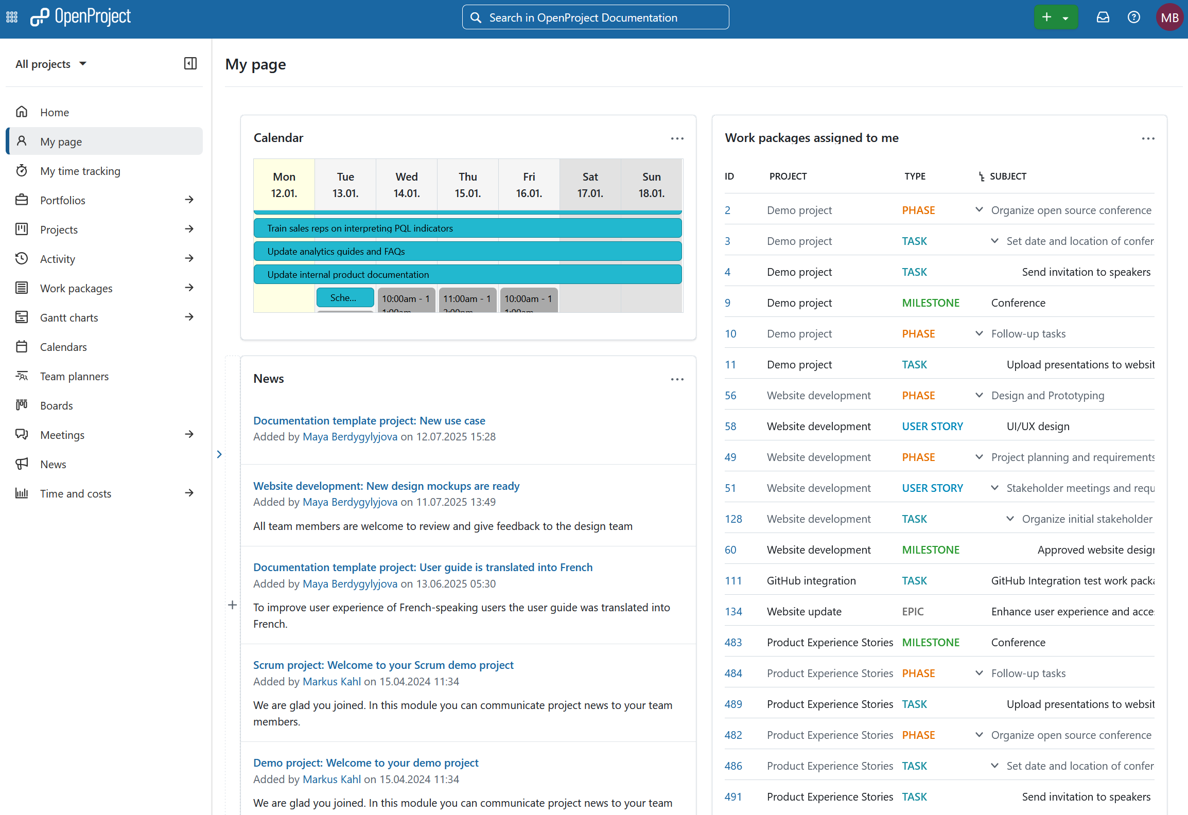 My page module in OpenProject, showing calendar, news and work packages widgets
