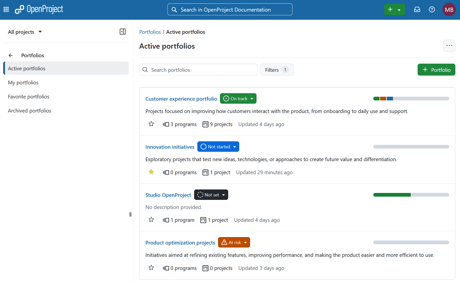 Portfolios module in OpenProject, showing existing portfolios and related detailed information