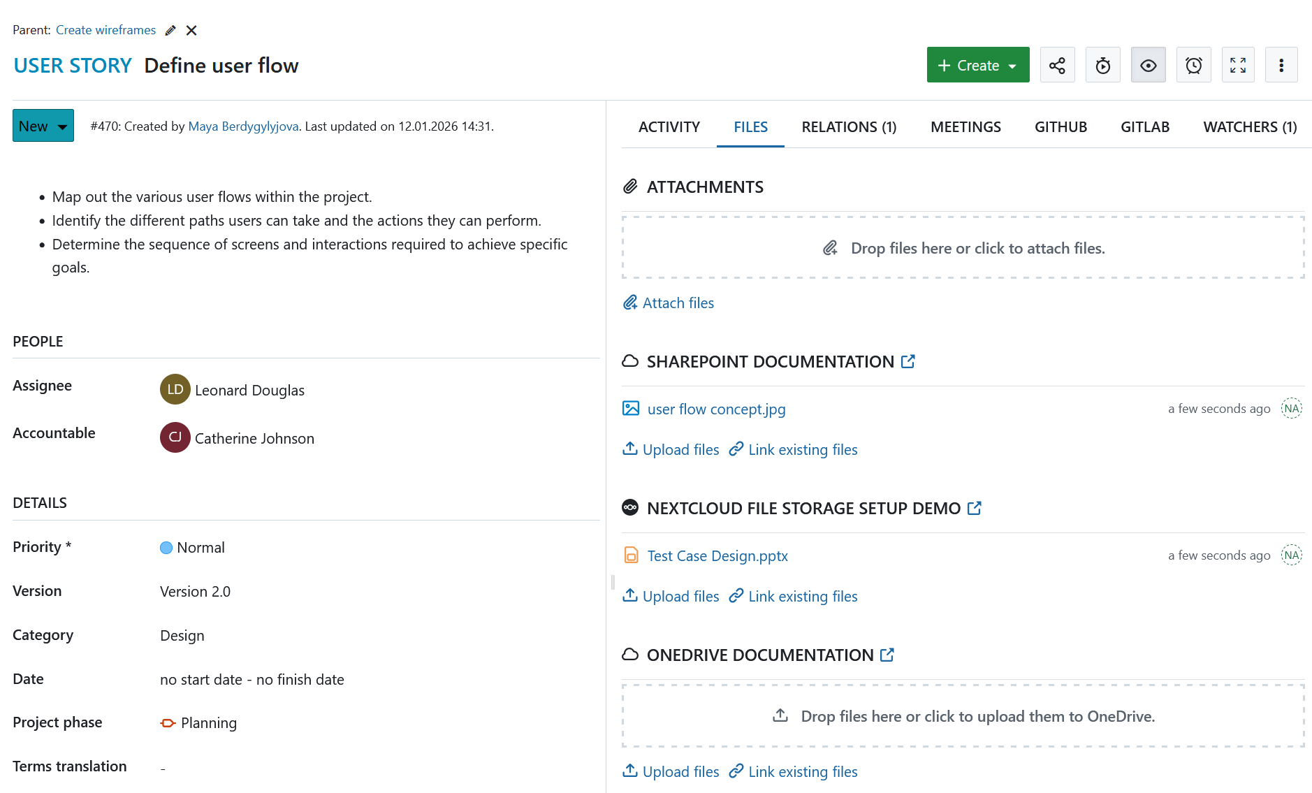 Work package detail view with tab files