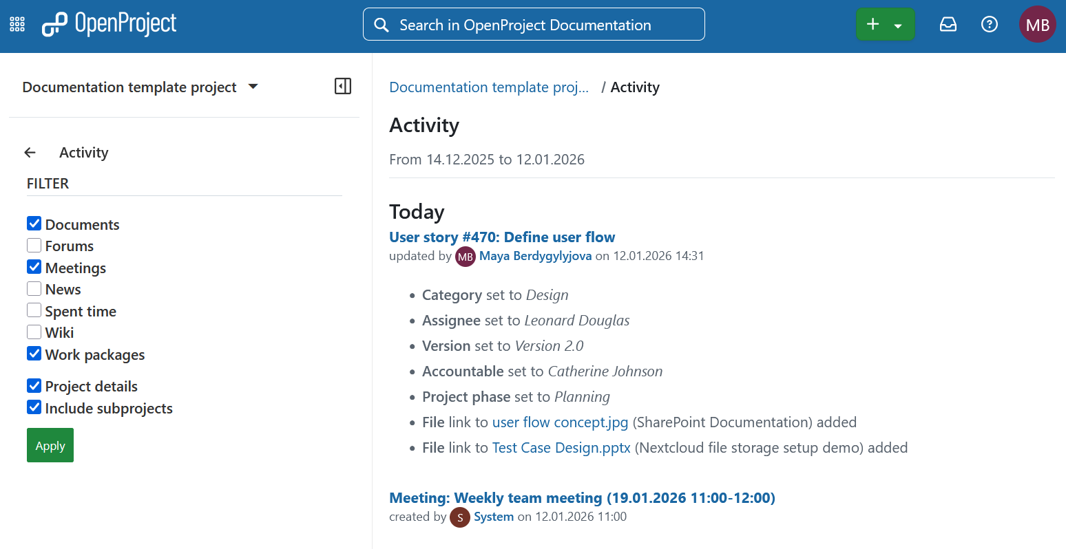 OpenProject activity example