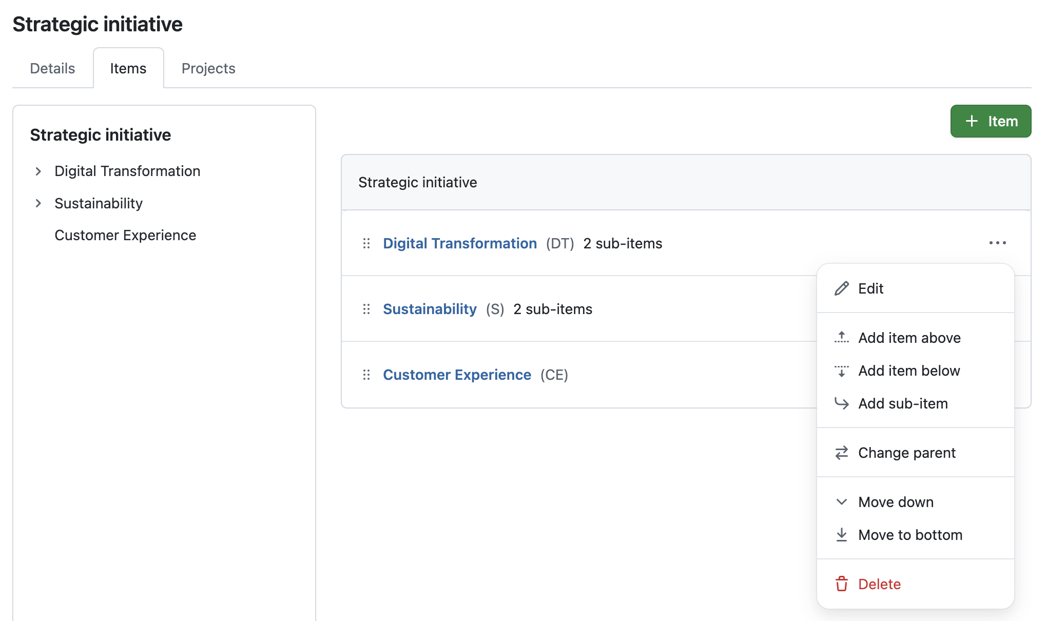 OpenProject administration shows a project attribute type hierarchy: The name is ‘Strategic initiative’ and it shows 3 items with sub-items, e.g. ‘Digital transformation’, and the options to edit, add sub-items, change parent and more.