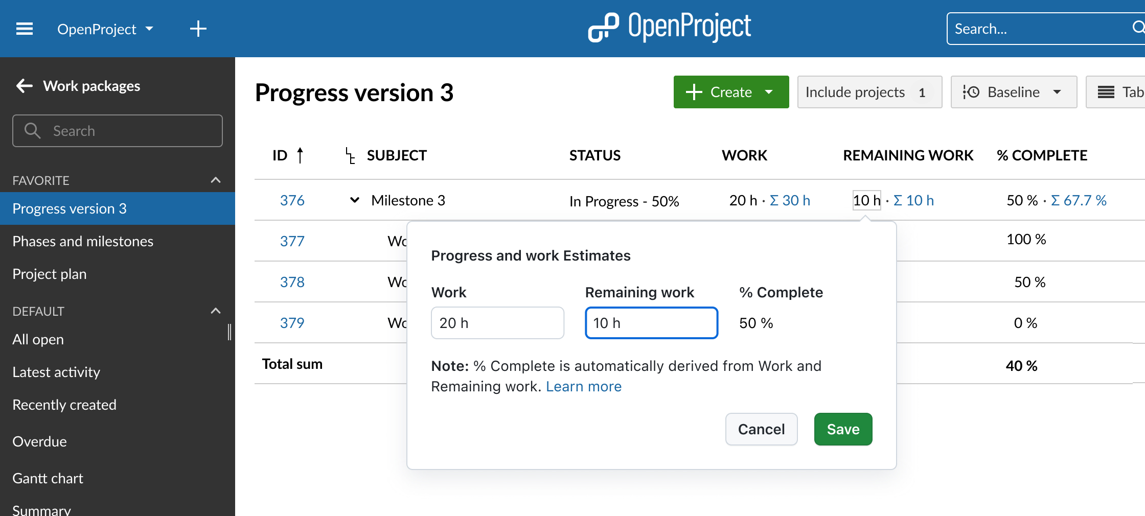 Screenshot of progress reporting across work package hierarchies with OpenProject