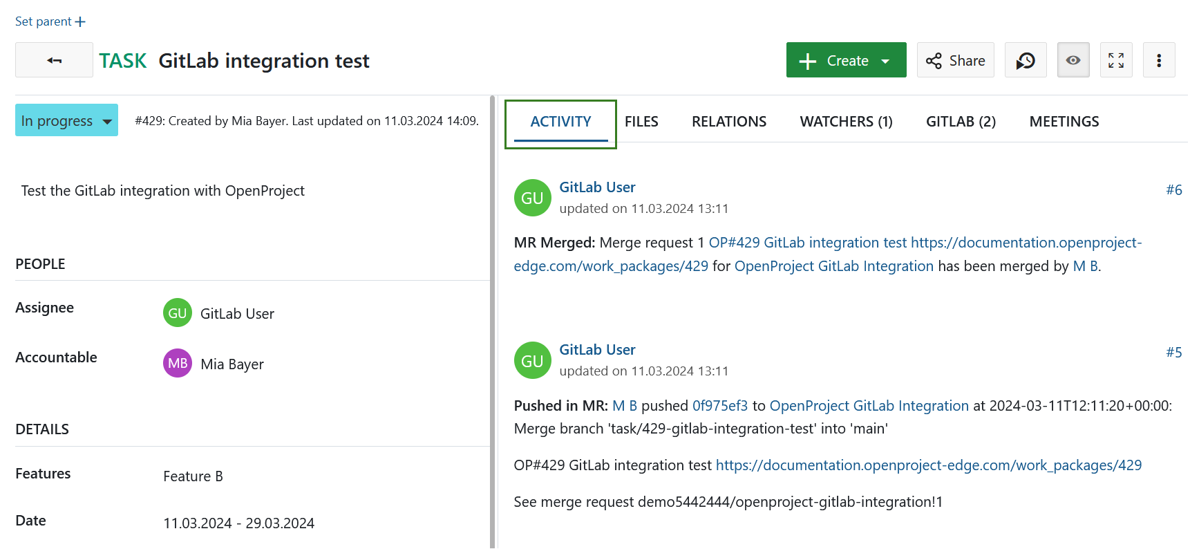 GitLab comments on work package activity tab
