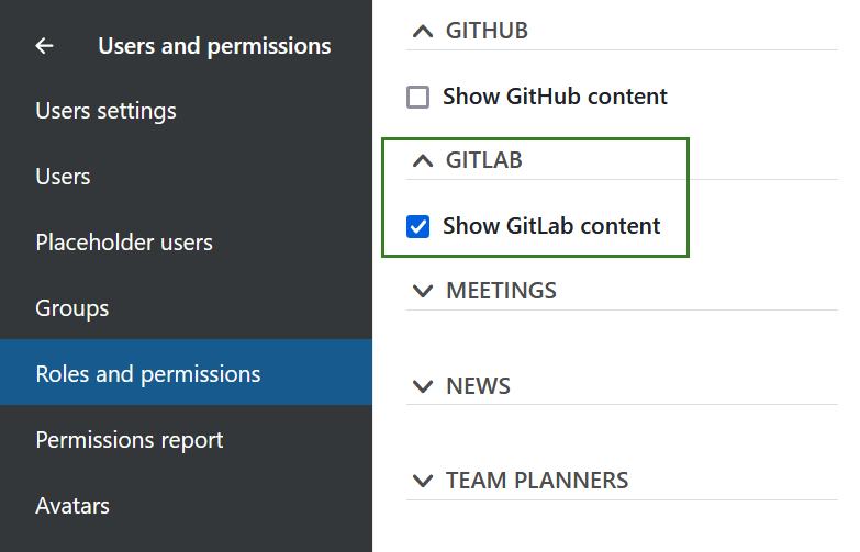 Grant permission to show GitLab content to user roles in OpenProject