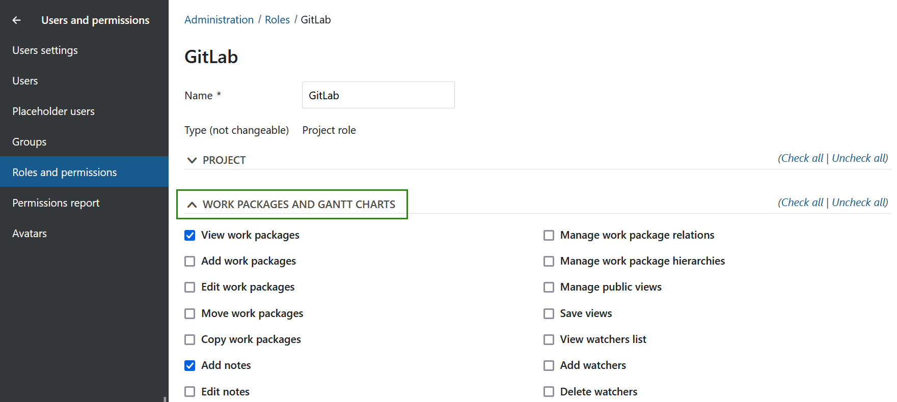 GitLab role with required permissions in OpenProject