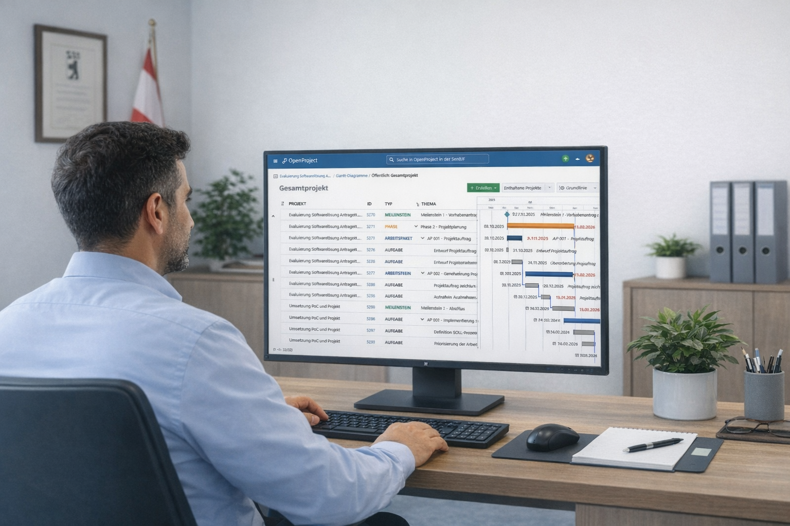 Symbolic image: Working in the public sector in Germany with OpenProject Business man sitting in front of a Desktop showing OpenProject Gantt view, with Berlin flag in the background