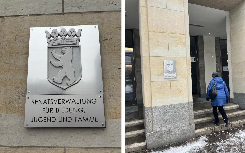 The Berlin Senate Department for Education, Youth, and Family Affairs, outside view Left: Plaque on the building, inscription “Senate Department for Education, Youth, and Family Affairs”; Right: Woman entering the building