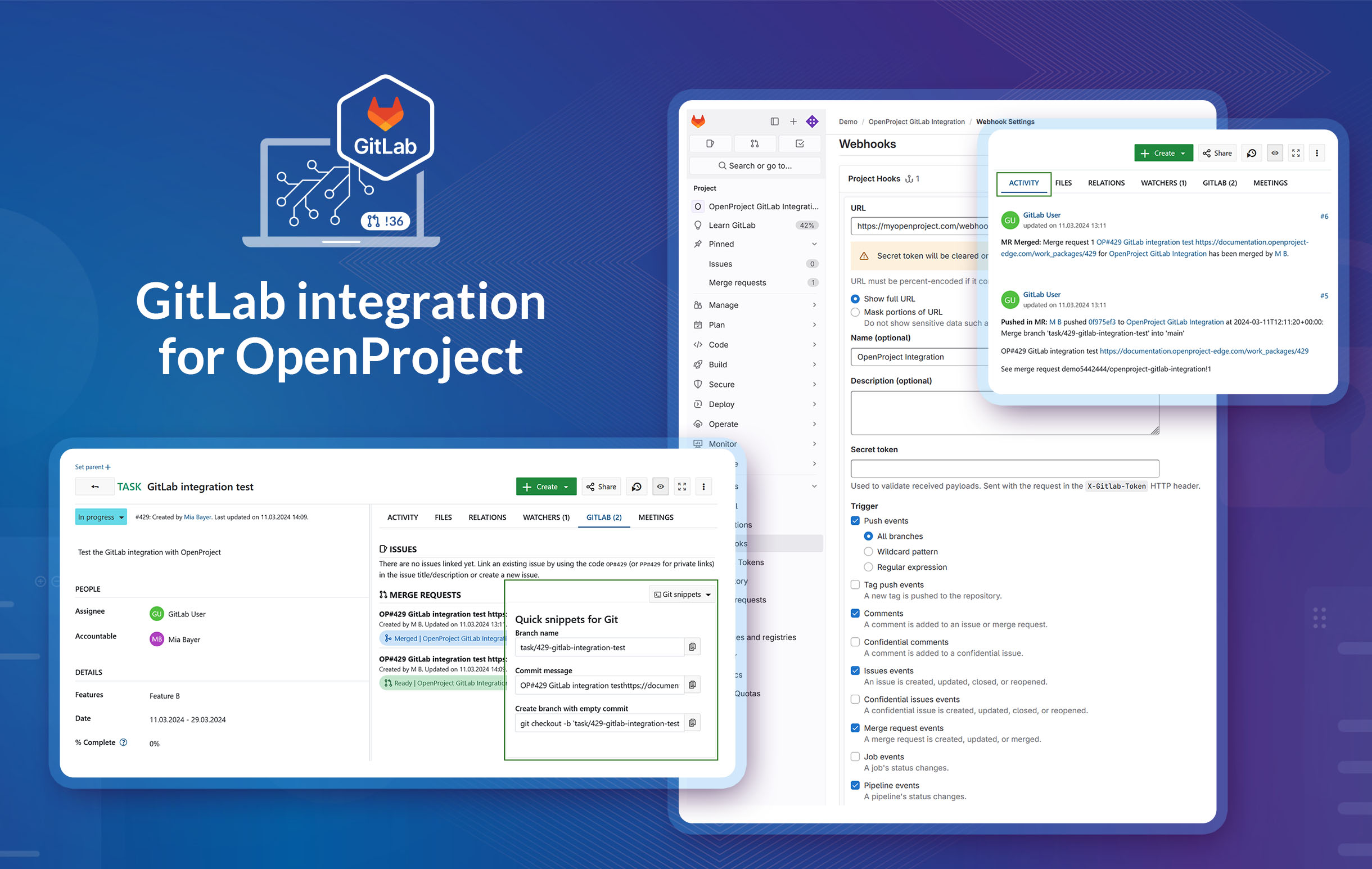 OpenProject's GitLab integration - different screenshots