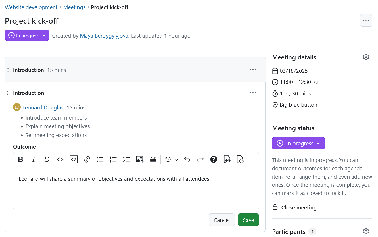 Add agenda item outcomes directly to agenda item in OpenProject meetings