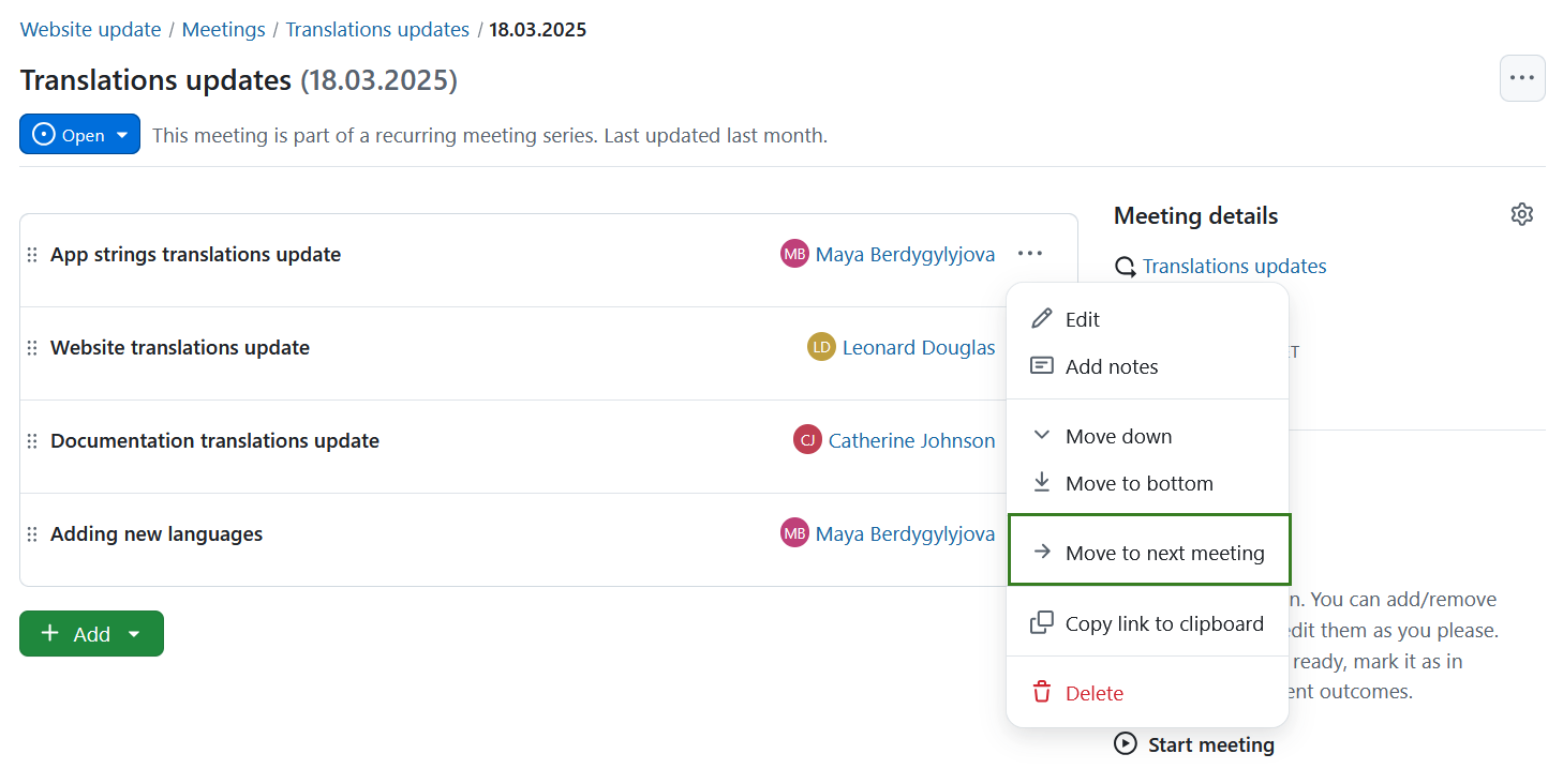 A dropdown menu option to move an agenda item to the next meeting in recurring meeting series in OpenProject