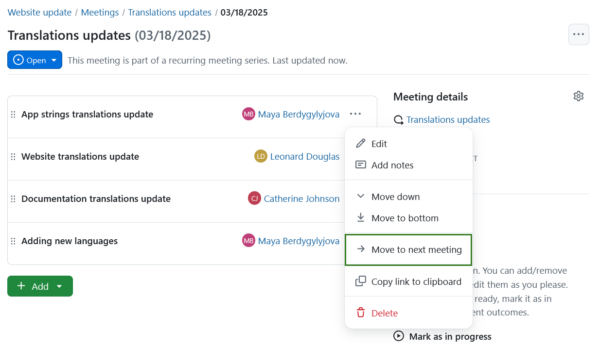 Ein Dropdown-Menü zum Verschieben eines Tagesordnungspunkts auf die nächste Sitzung in Terminserien in OpenProject