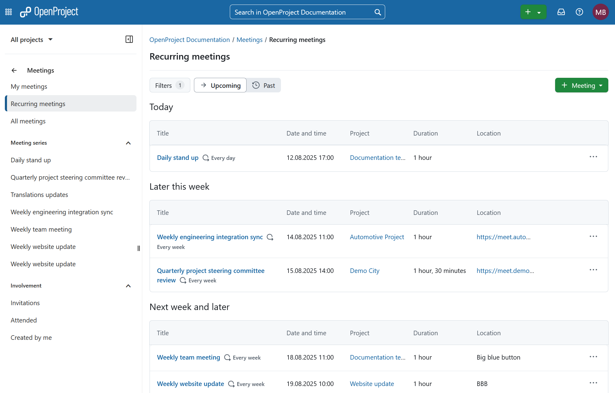 Overview page showing recurring meetings in OpenProject project management software