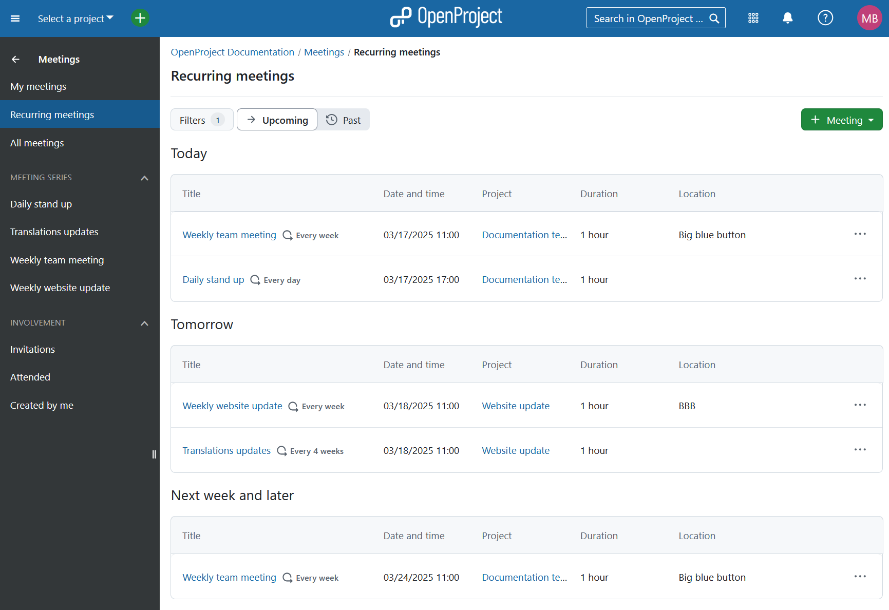 Recurring meetings overview page in OpenProject