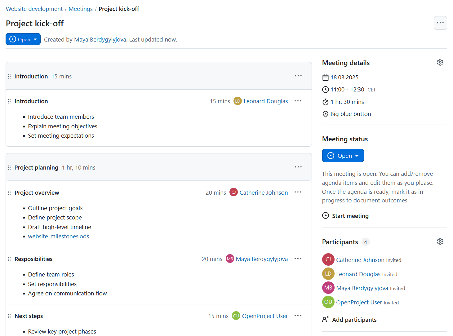 Assign presenters to each agenda item in OpenProject meeting management software