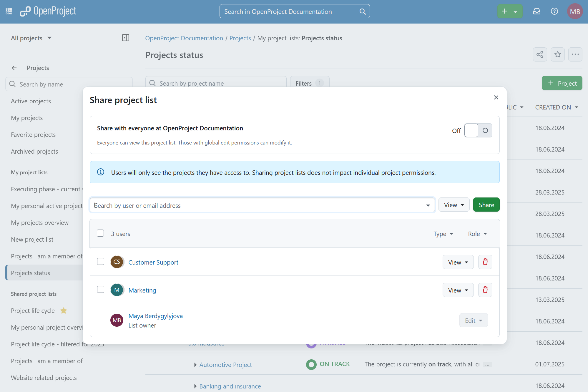 A modal allowing to share a project list with users or groups in OpenProject