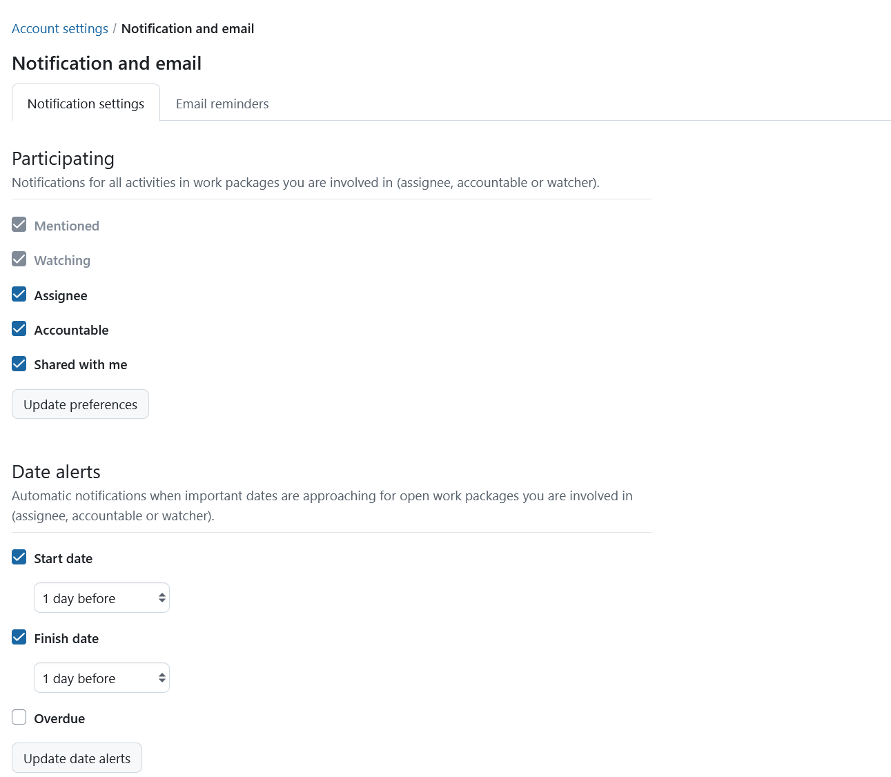 Date alerts settings