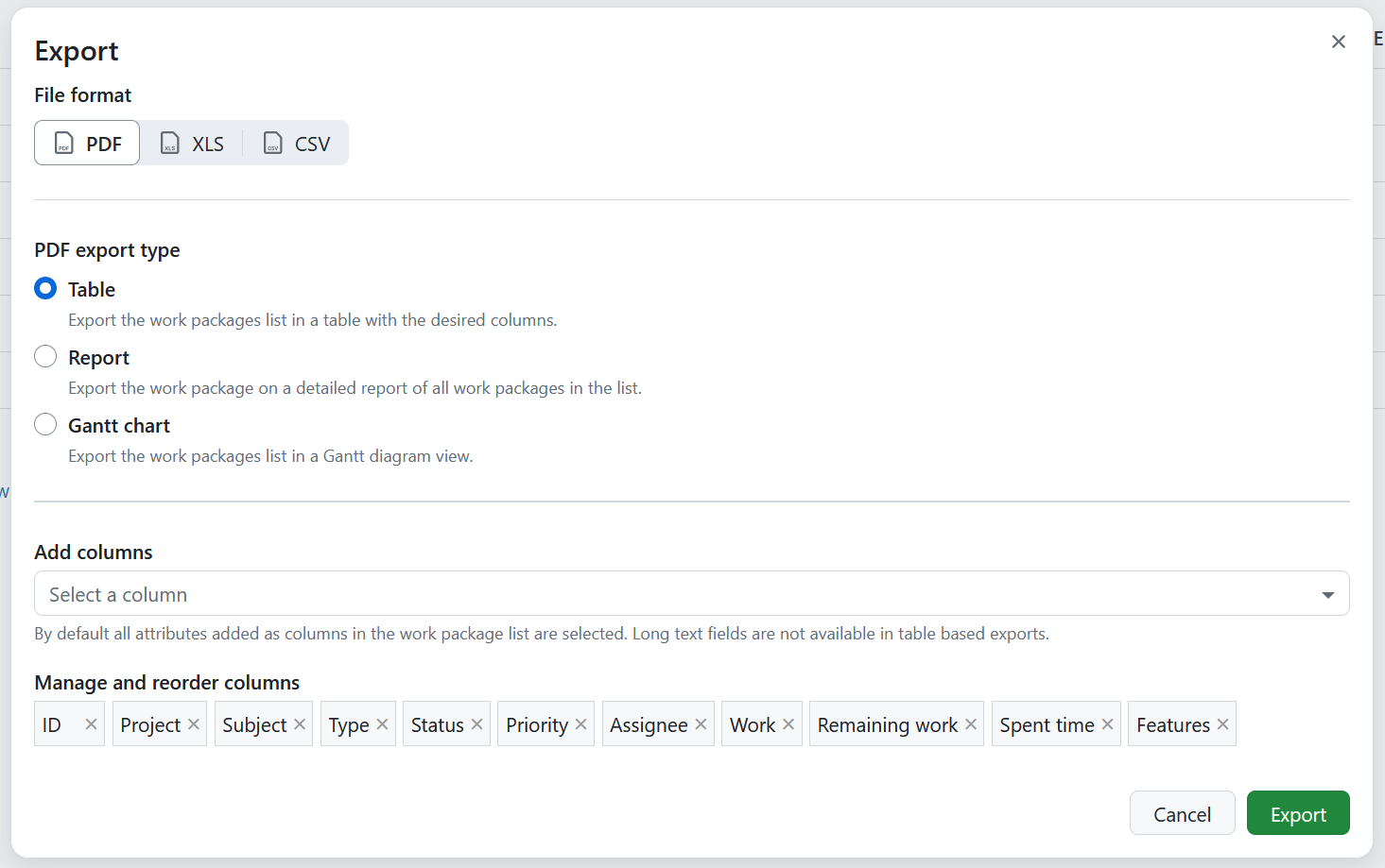 Export formats for a project plan