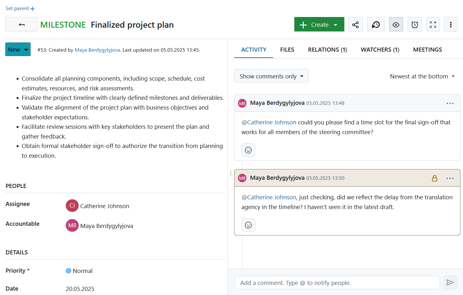 Internal comments in an OpenProject work package Activity tab