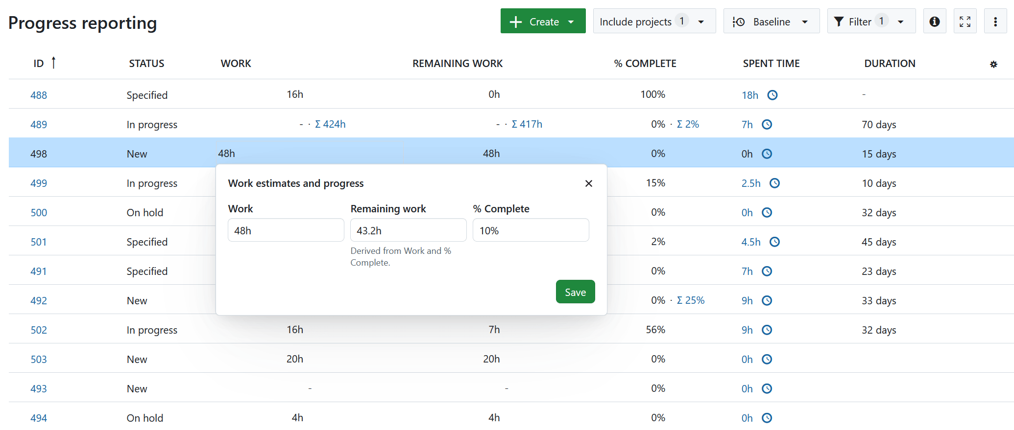 Arbeitspaket-Tabelle mit Attributen für den Fortschrittsbericht