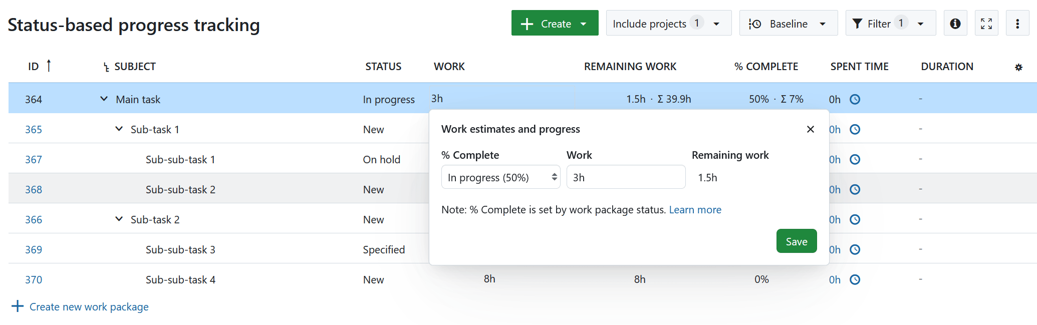 tableau du lot de travaux affichant les rapports d'avancement basés sur l'état d'avancement