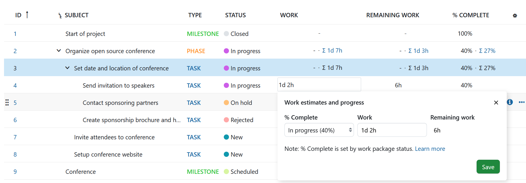 work package table displaying status-based progress reporting