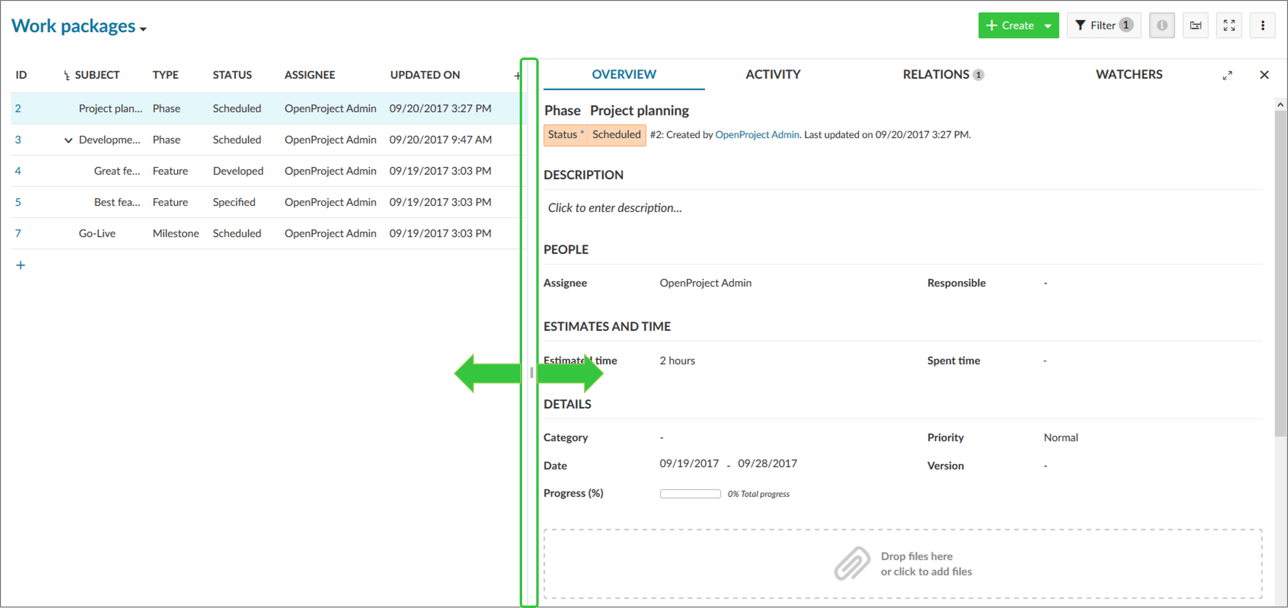 OpenProject 7.3: Resize work package split screen