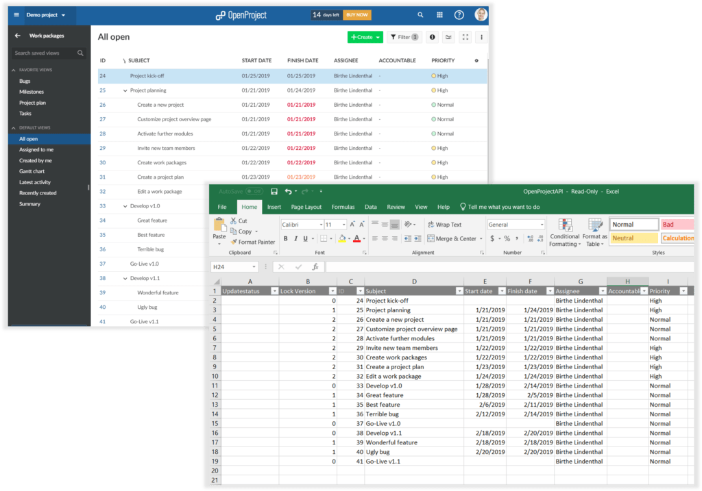 Screenshot: Synchronize Excel and OpenProject data