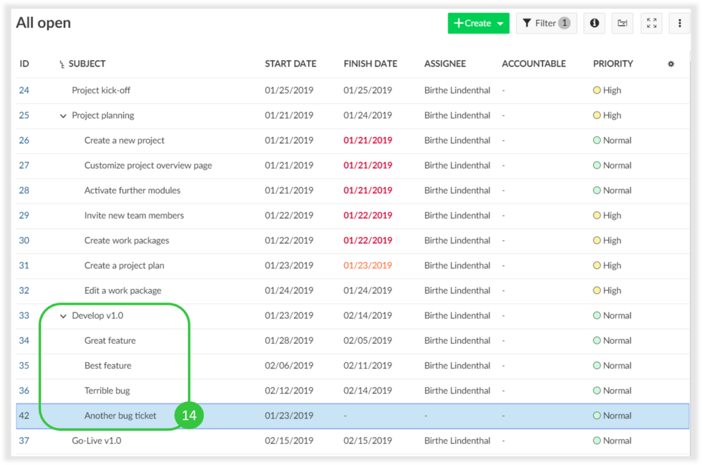 Screenshot: Parent-child relation is displayed in OpenProject