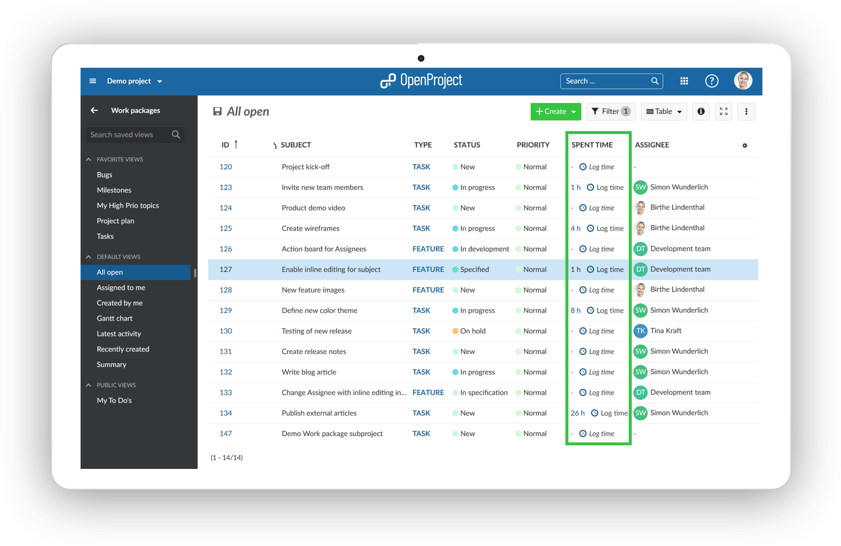 Log time list view