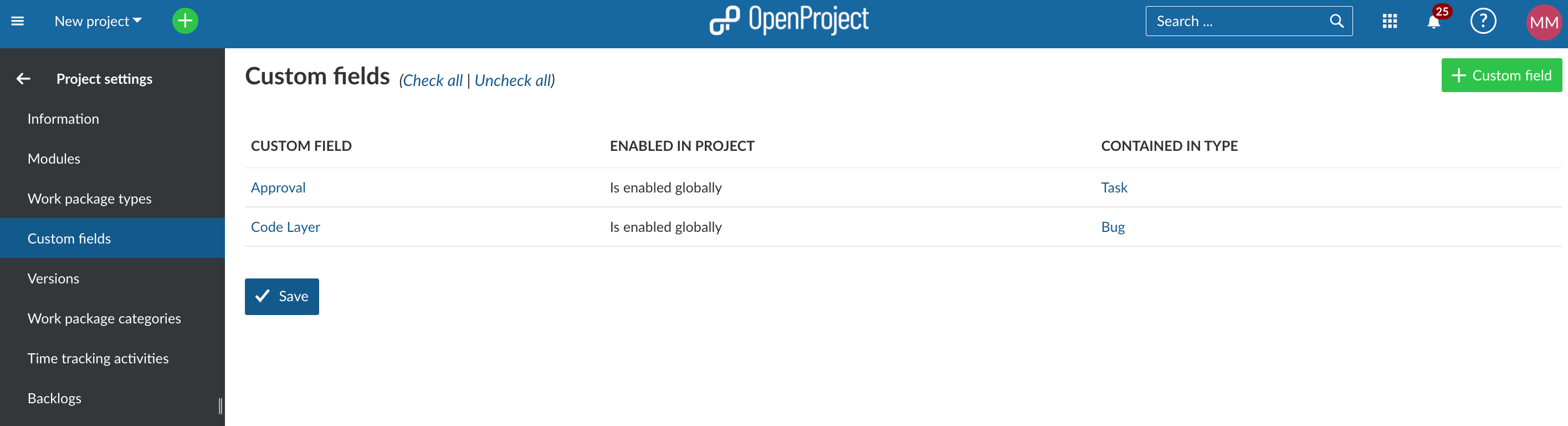 Showing active custom fields for the project