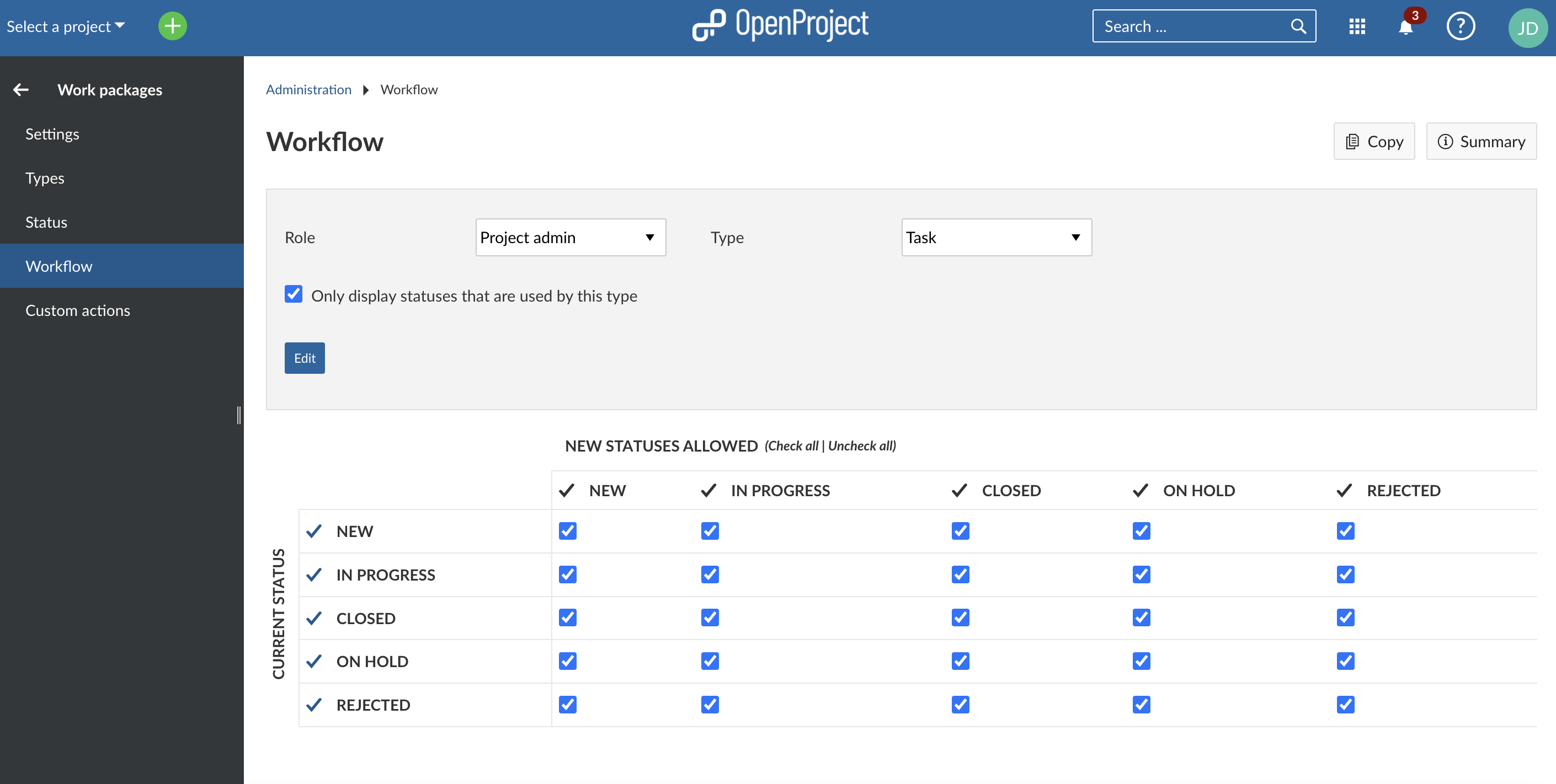 work package settings with table and tick boxes for status flows