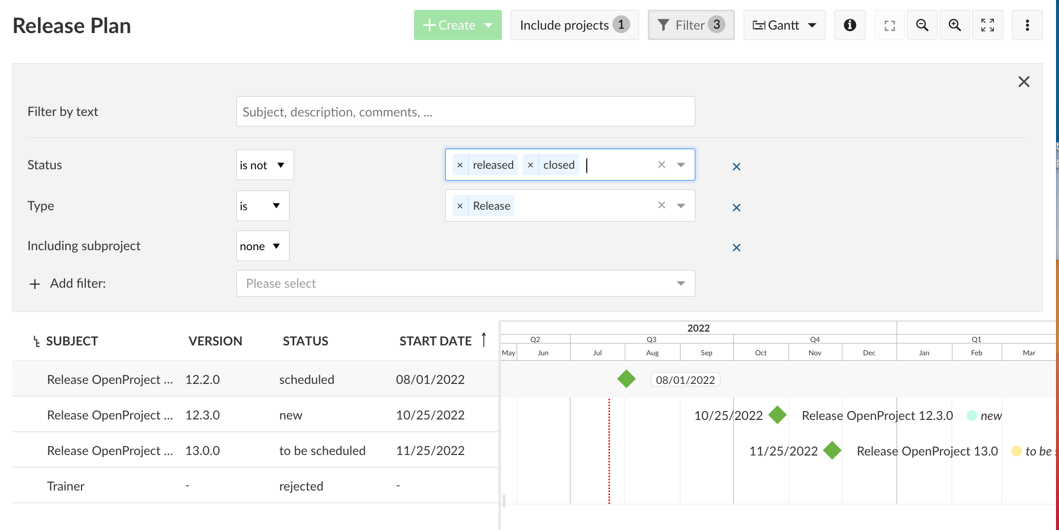 work package table with filter options shown