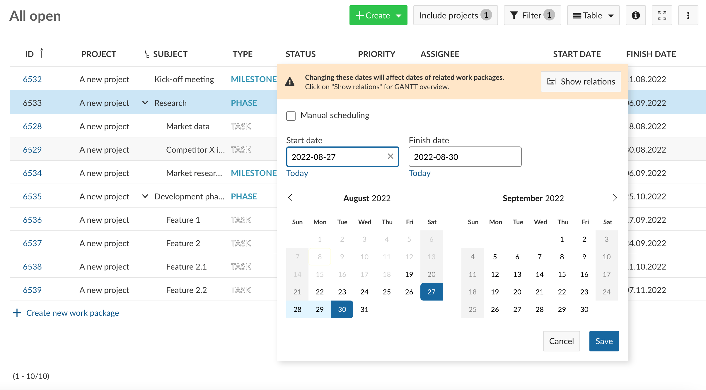 work package table split view with diary open and orange warning that changing dates will affect dates of related work packages