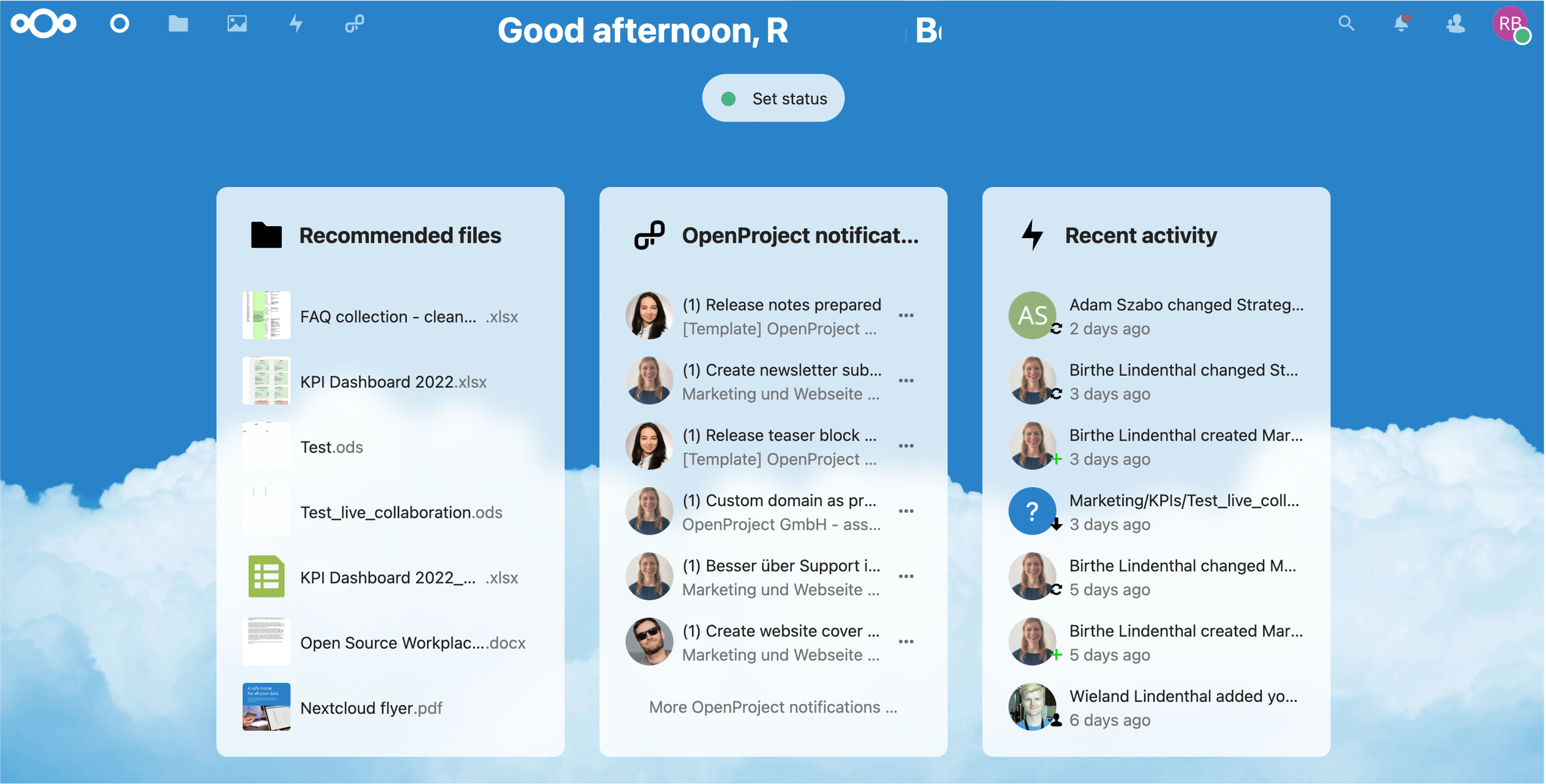 Nextcloud start page with OpenProject notifications displayed