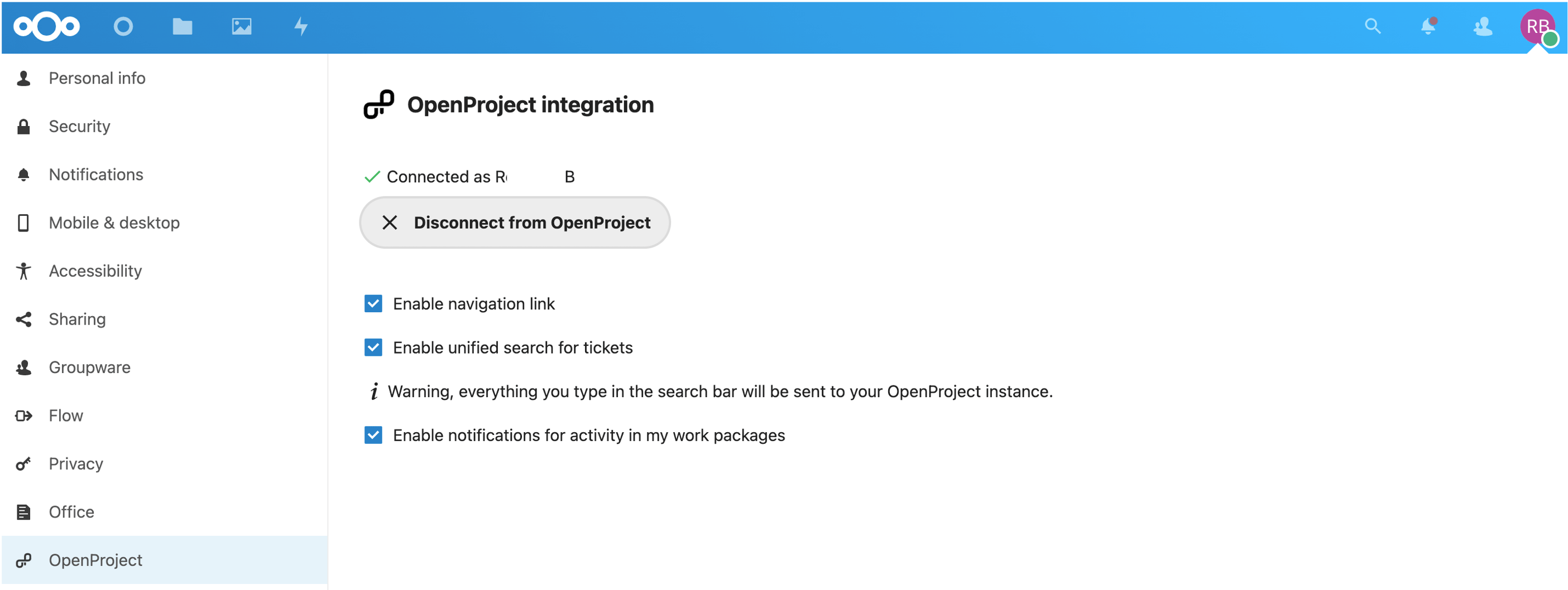 nextcloud personal settings with tab OpenProject open