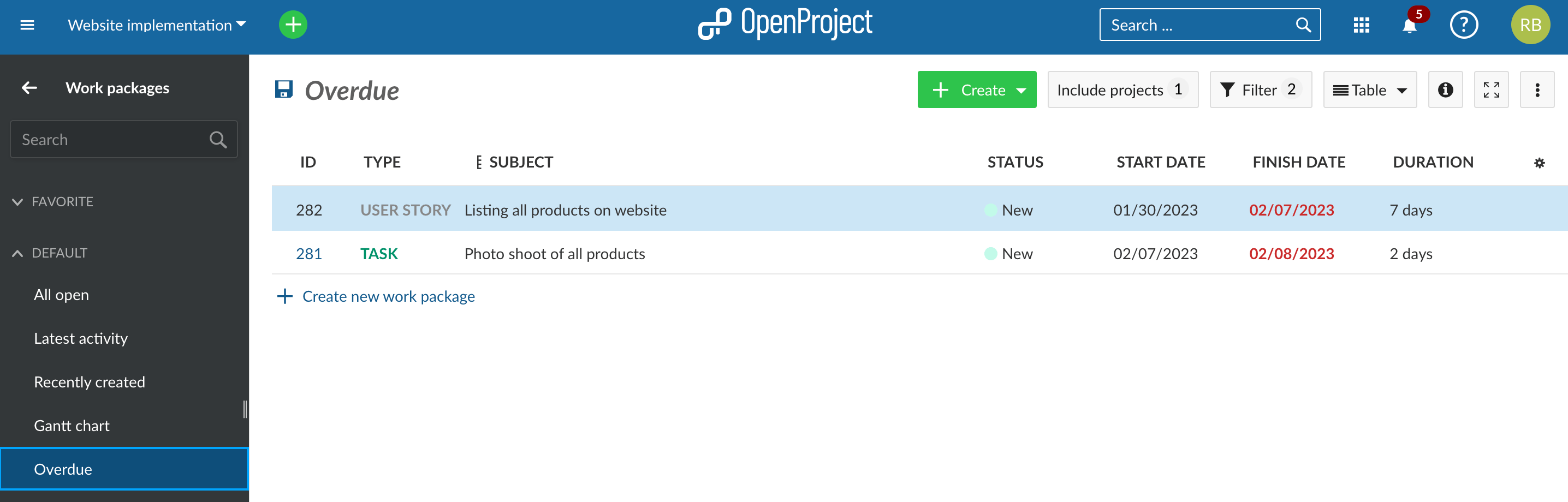 work package table with 2 overdue work packages