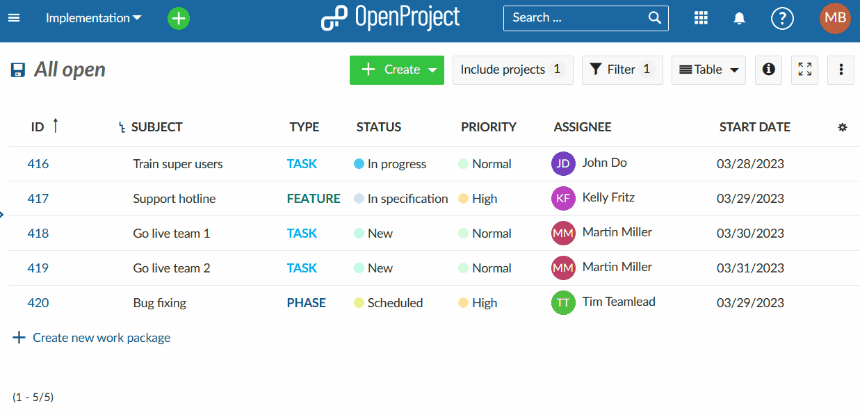 Création d’un lot de travaux à partir de la vue en liste sur OpenProject