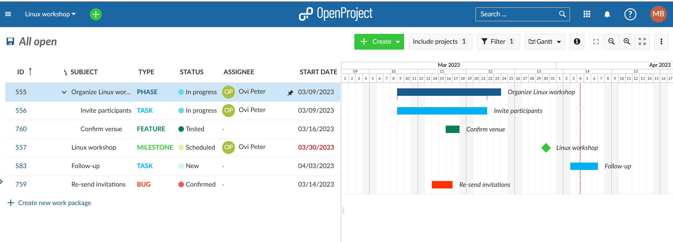 OpenProject Gantt manual scheduling