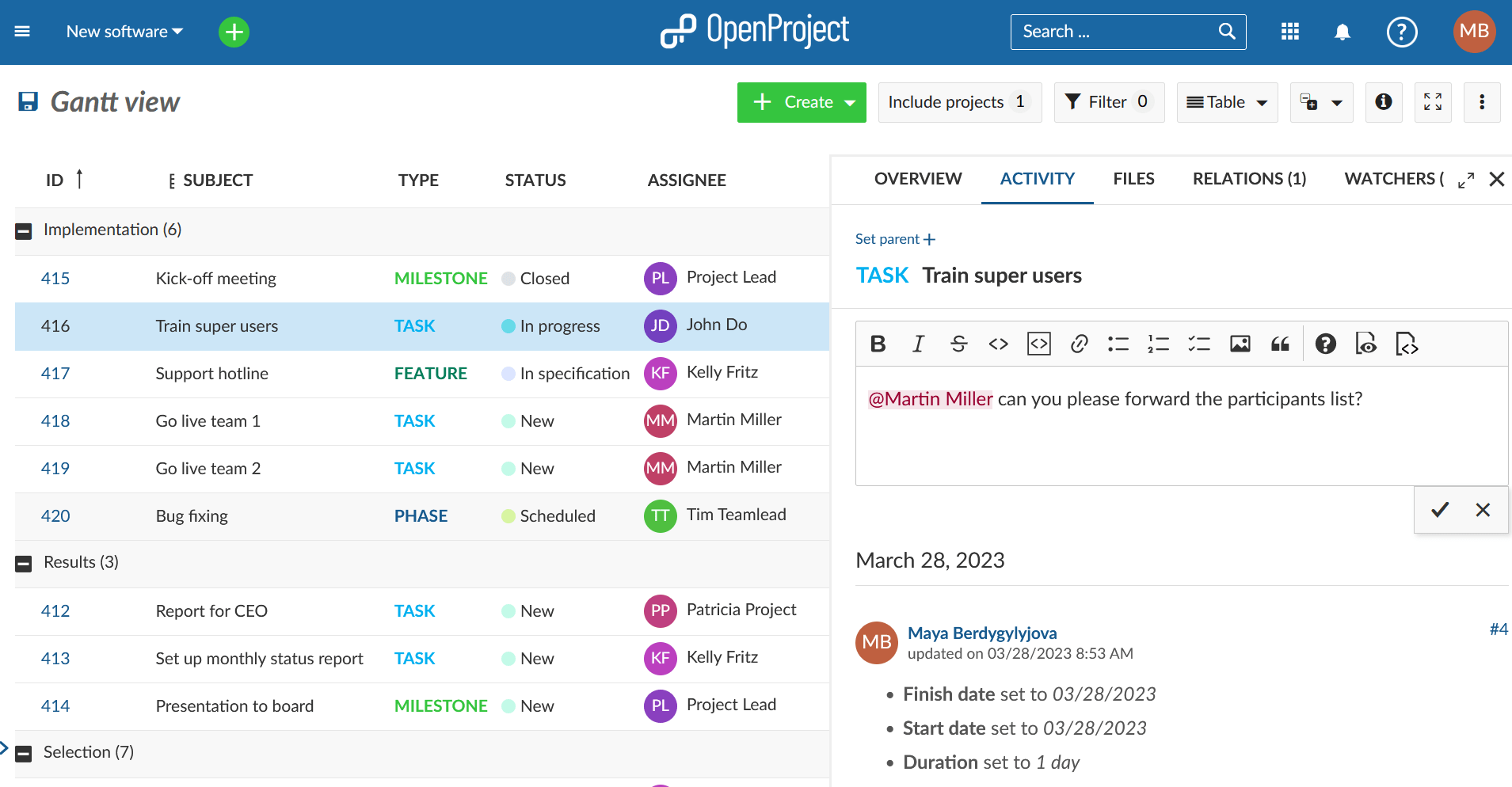 Modification d’un lot de travaux dans la vue en liste sur OpenProject