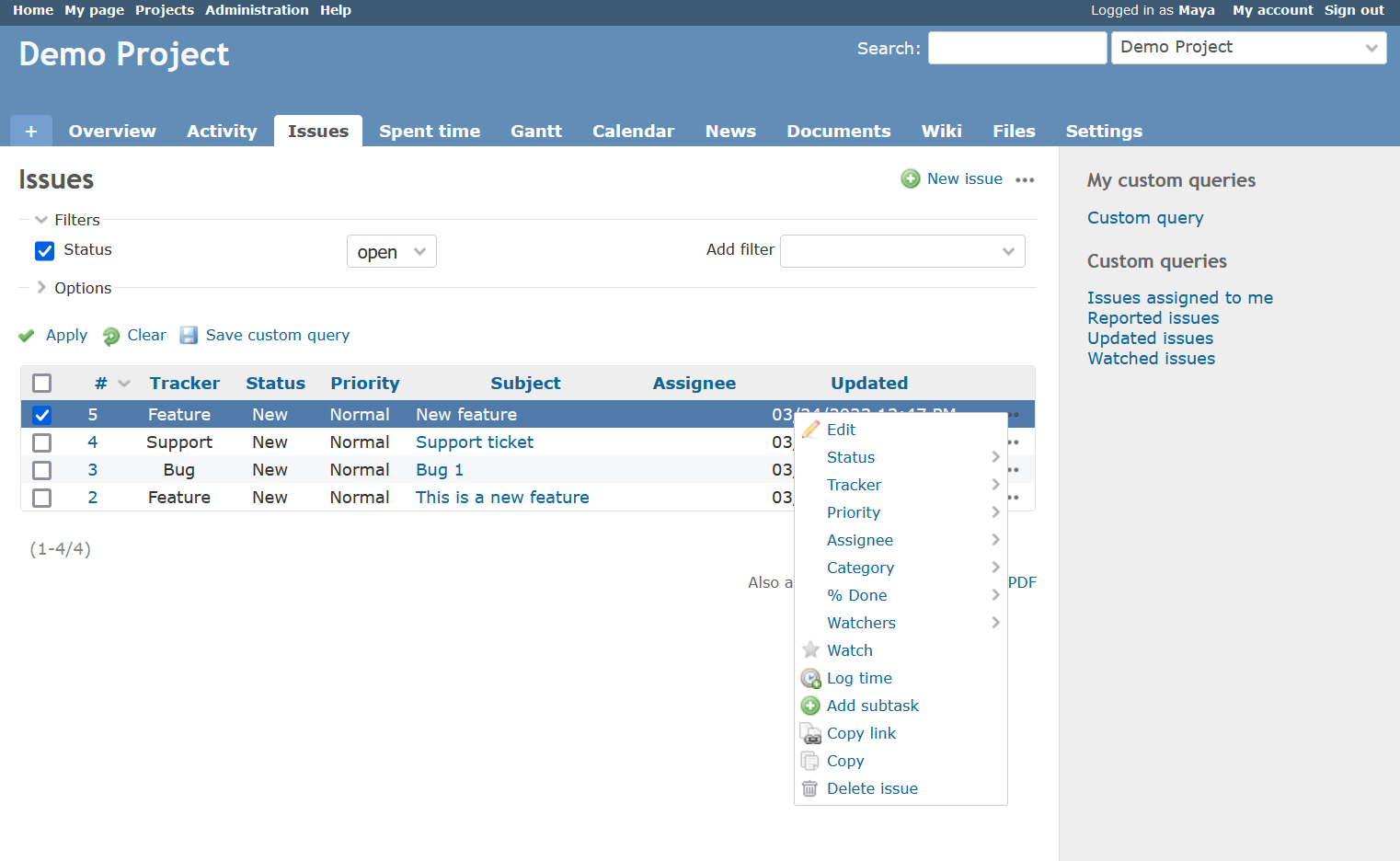 Modification d’un lot de travaux dans la vue en liste sur Redmine